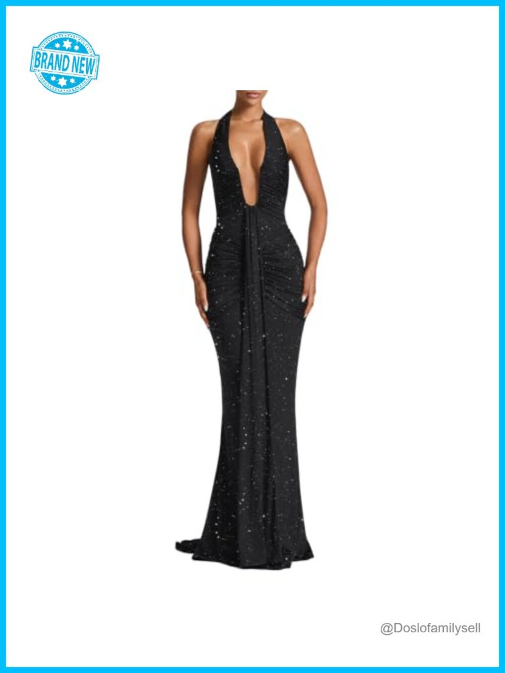 Women's Deep V Neck Ruched Maxi Dress Sleeveless Halter Gown Formal Evening